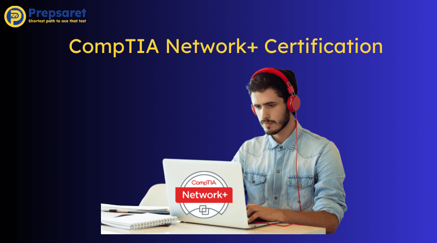 Student studying for the CompTIA Network+ Certification exam on a laptop