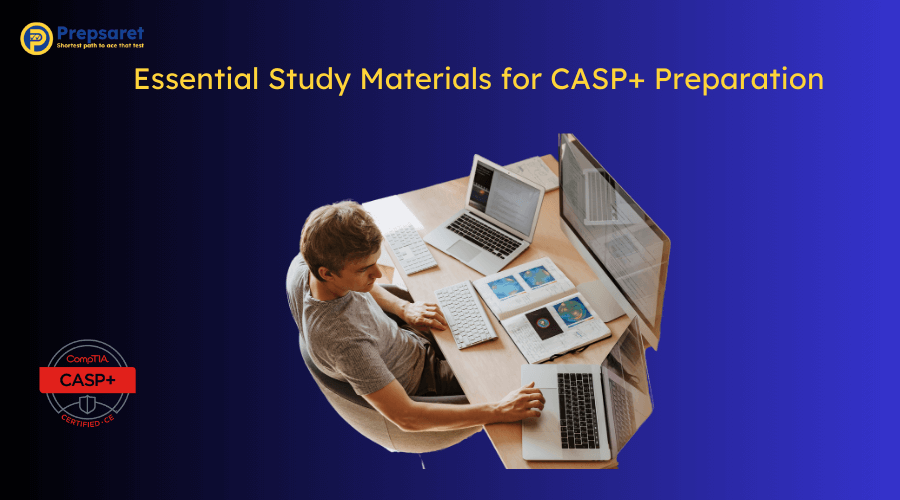 A candidate using Essential Study Materials for CASP+ Preparation 
