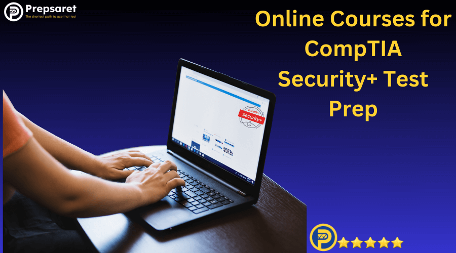 A student studying for the CompTIA Security+ exam using an online course on a laptop.