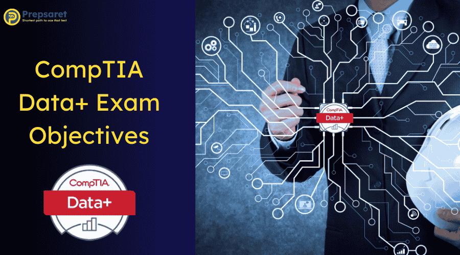 The CompTIA Data+ logo within a computer network system