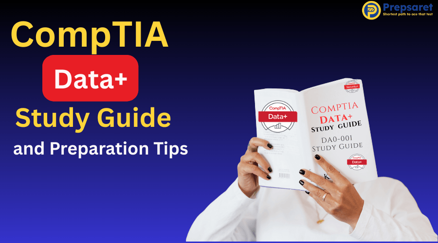 Person holding CompTIA Data+ study guide and applying exam preparation tips.