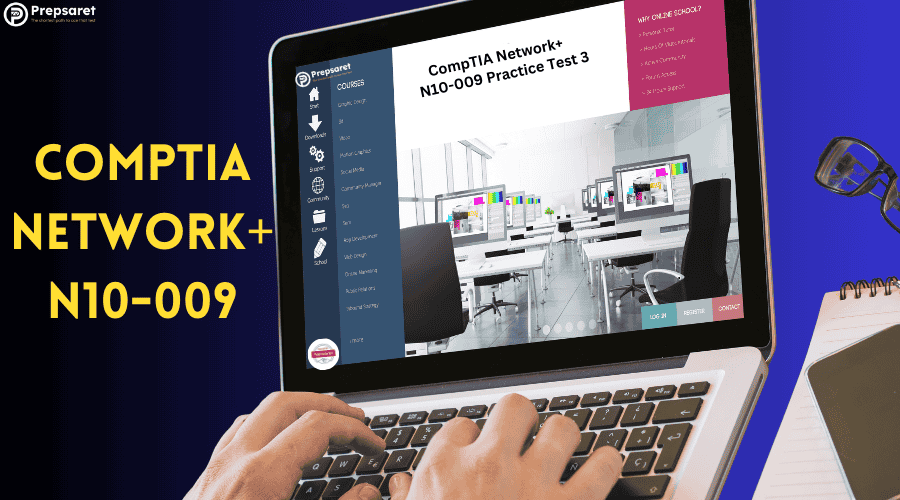 An image of a person sitting at a desk, focused on taking free CompTIA Network+ practice test questions and reviewing answers on a laptop.