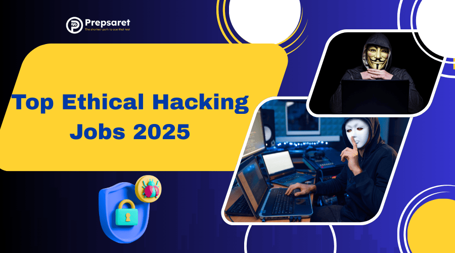 A graphic showing various cybersecurity roles like penetration tester, security analyst, and ethical hacker, with futuristic icons symbolizing top ethical hacking jobs in 2025.