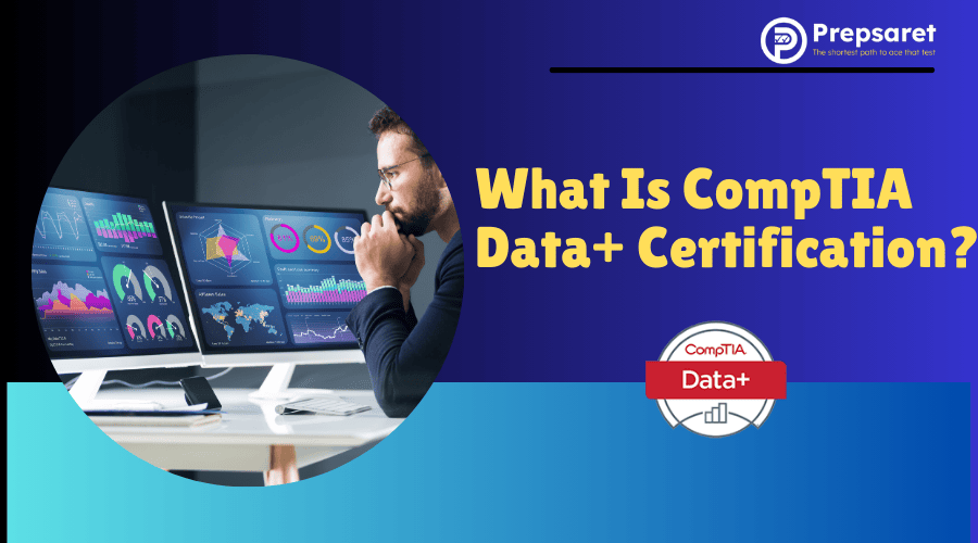 Overview of the CompTIA Data+ certification, highlighting key topics such as data analysis, governance, and business intelligence.
