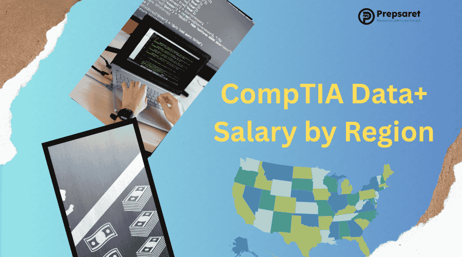Average CompTIA Data+ salaries by U.S. region in 2025, showing higher salaries in tech hubs like California and New York, moderate increases in growing tech centers, and average to slightly below-average salaries in the Midwest and Southern states.
