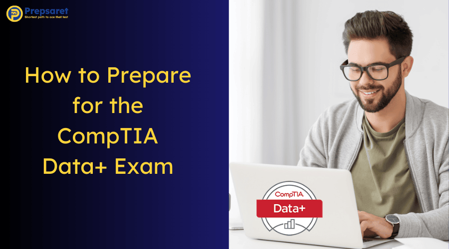 A student preparing for the CompTIA Data+ exam on a laptop