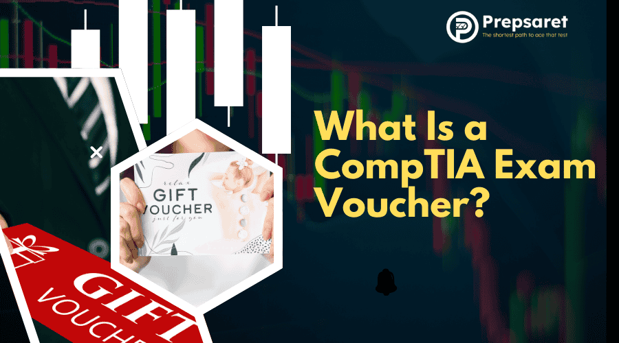 Graphic explaining what a CompTIA exam voucher is, featuring a sample voucher, pricing details, and how it’s used to register for certification exams.