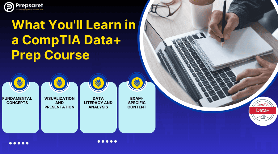 CompTIA Data+ prep course overview with key topics like data analysis, visualization, and exam-specific content