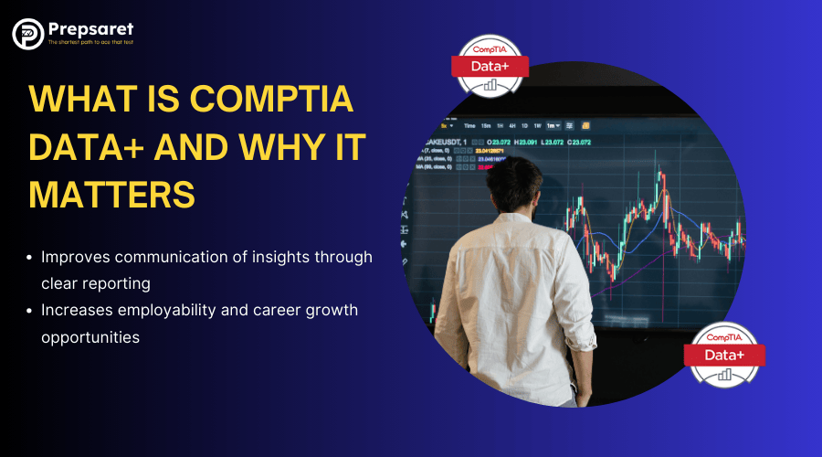 Student analyzing data on screen with CompTIA Data+ graphics, highlighting benefits of certification for careers