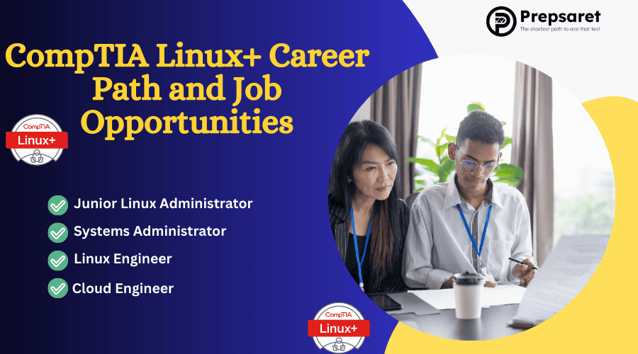 CompTIA Linux+ career path and job opportunities with professionals reviewing documents, highlighting roles like Linux administrator and cloud engineer.
