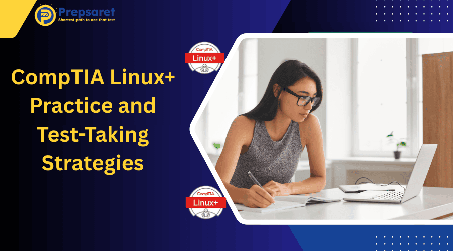 CompTIA Linux+ practice and test-taking strategies with student studying at desk using laptop and notes to prepare for the certification exam.