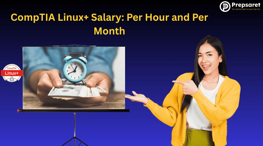CompTIA Linux+ salary per hour and per month with woman pointing at screen showing hands holding cash and clock symbolizing earnings.