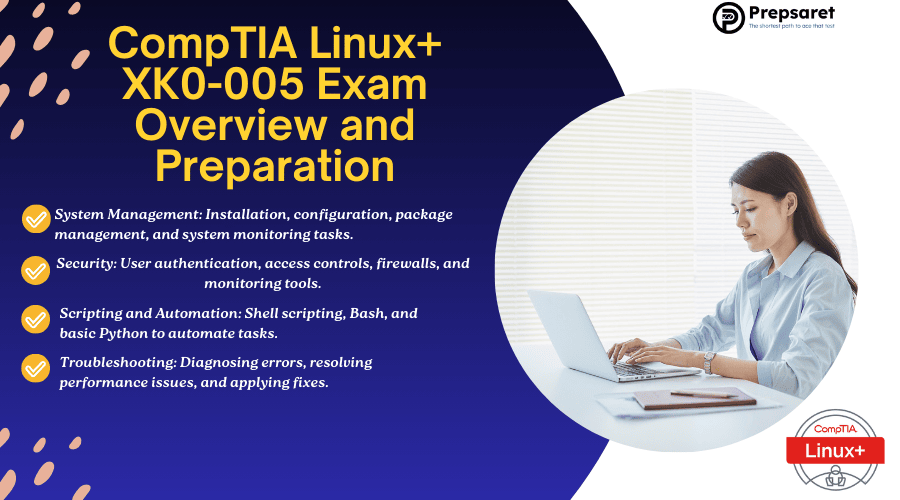 A person studying for the Linux+ exam on a laptop
