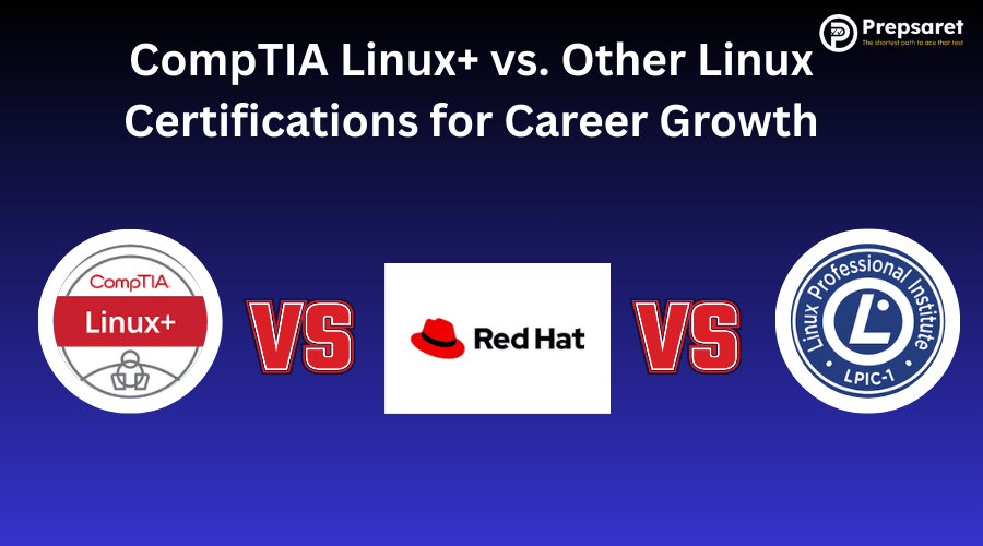 The CompTIA Linux+, Red Hat, and LPIC logos