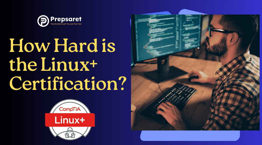 The difficulty of CompTIA Linux+ certification, with icons of a laptop, command line terminal, and gears.