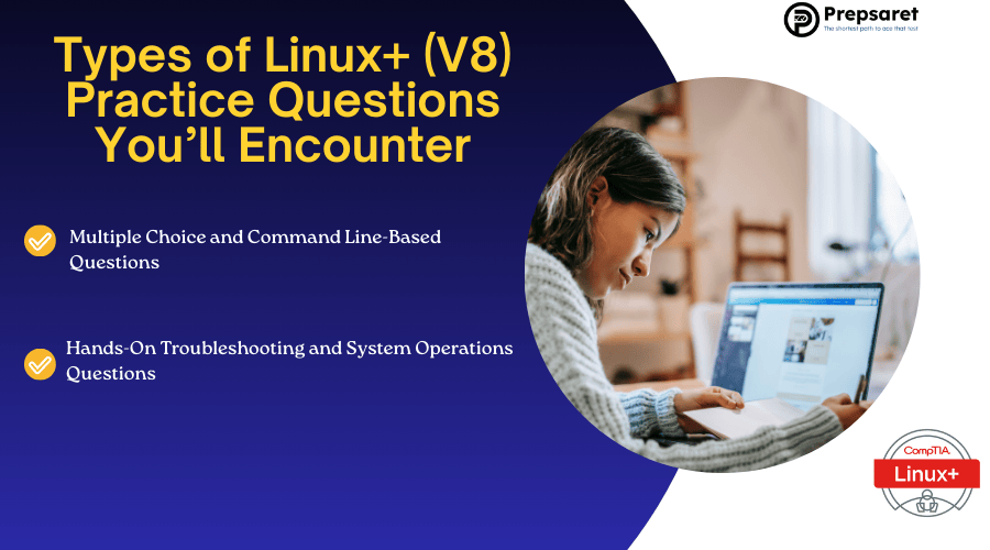 a person studying for the CompTIA Linux+ exam on a laptop