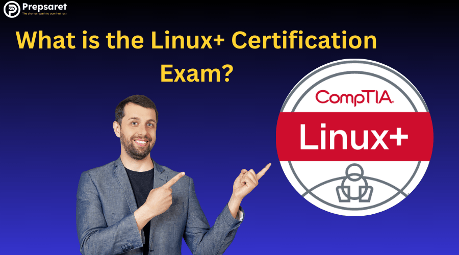 Man pointing to a large CompTIA Linux+ certification badge with title text asking what is the Linux+ certification exam.