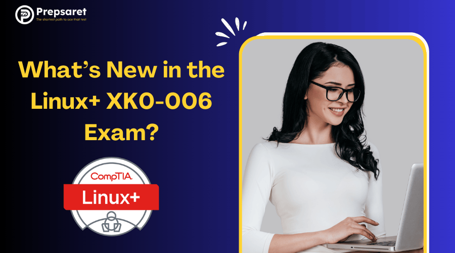 Smiling student using laptop to explore updates and new topics in the CompTIA Linux+ XK0-006 exam.