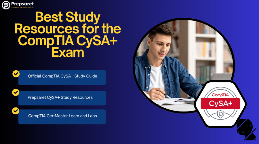 A person studying for the CompTIA CySA+ exam on a laptop