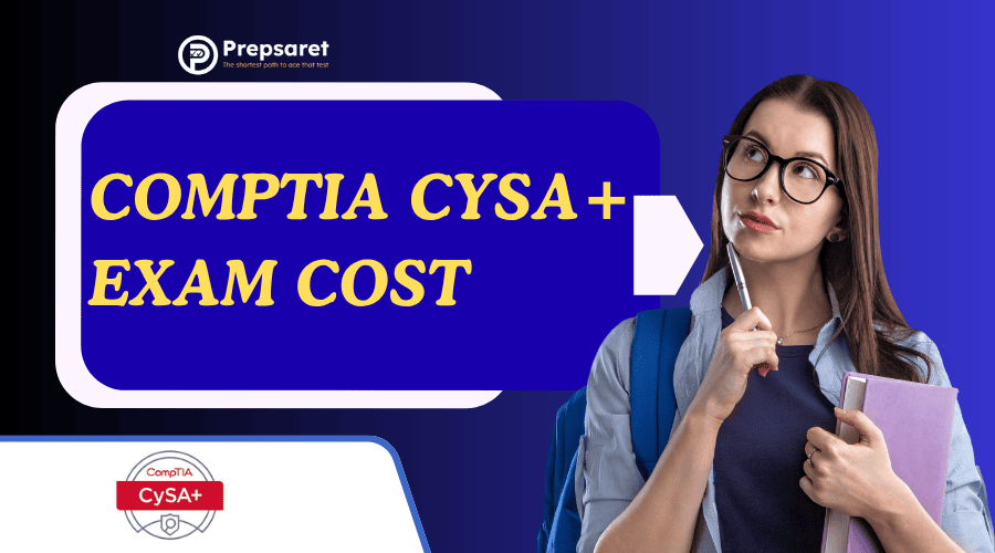the CompTIA CySA+ exam cost, including the base exam fee, potential retake fees, voucher bundle options, and regional pricing differences, with icons for money, vouchers, and exam documents.