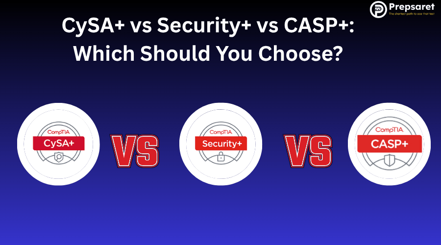 The CySA+, Security+, and CASP+ logos