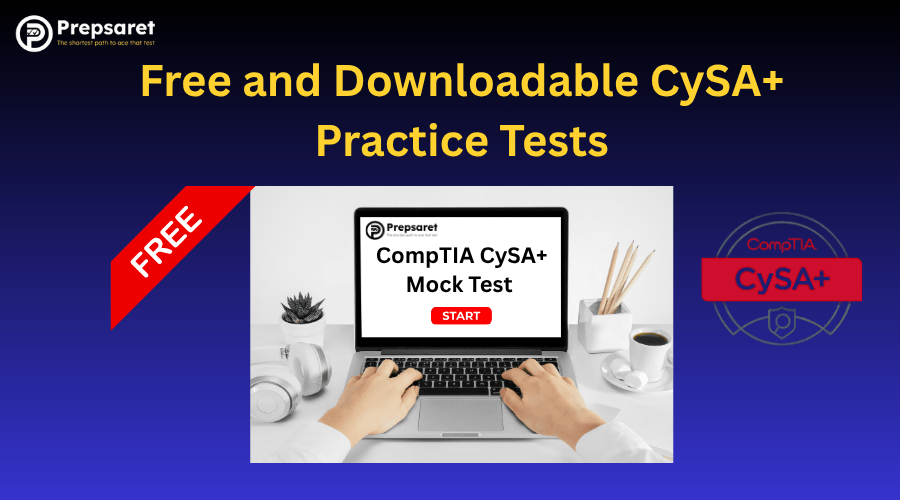 Student taking a free CompTIA CySA+ practice test on a laptop, downloadable mock exam with start button for cybersecurity exam prep.