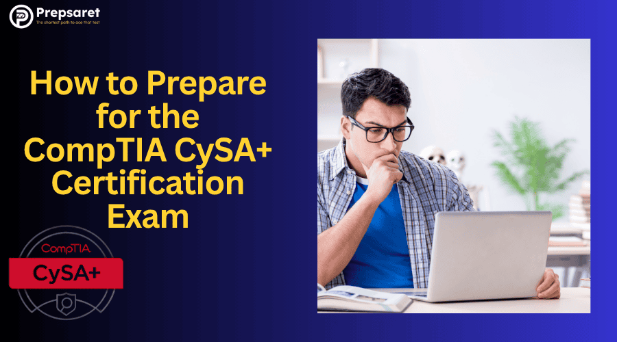 Student studying for the CompTIA CySA+ exam on a laptop.