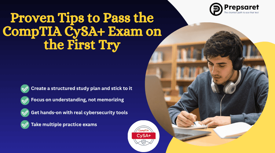 A person preparing for the CompTIA CySA+ exam on a laptop