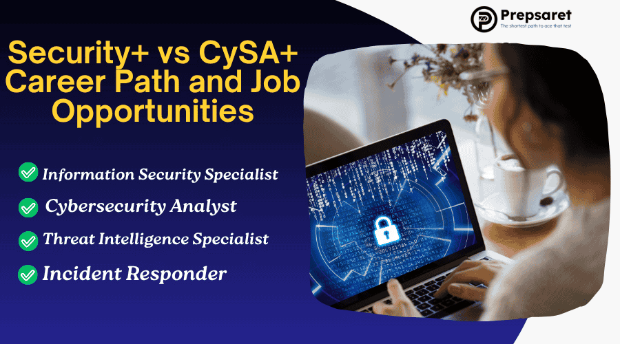 Comparison of Security+ vs CySA+ career paths and job opportunities, listing roles such as Information Security Specialist, Cybersecurity Analyst, Threat Intelligence Specialist, and Incident Responder.