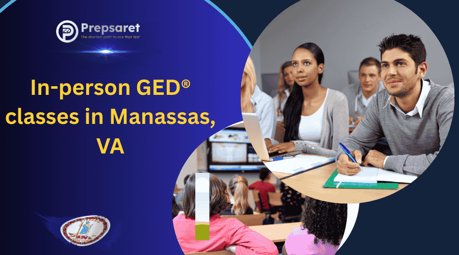 Adult learners seated in a classroom in Manassas, Virginia, participating in an in-person GED&reg; class led by an instructor at the front of the room.