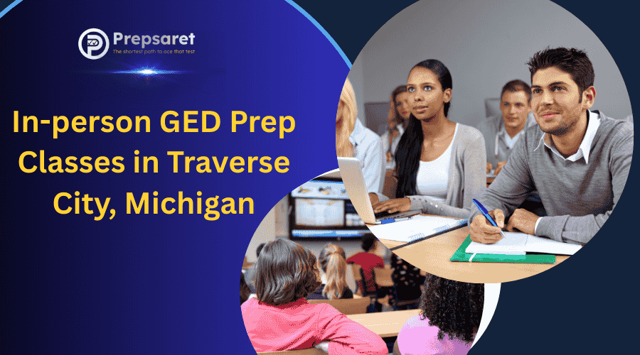 Students attending an in-person GED prep class in Traverse City, Michigan, seated in a classroom with an instructor guiding the lesson.