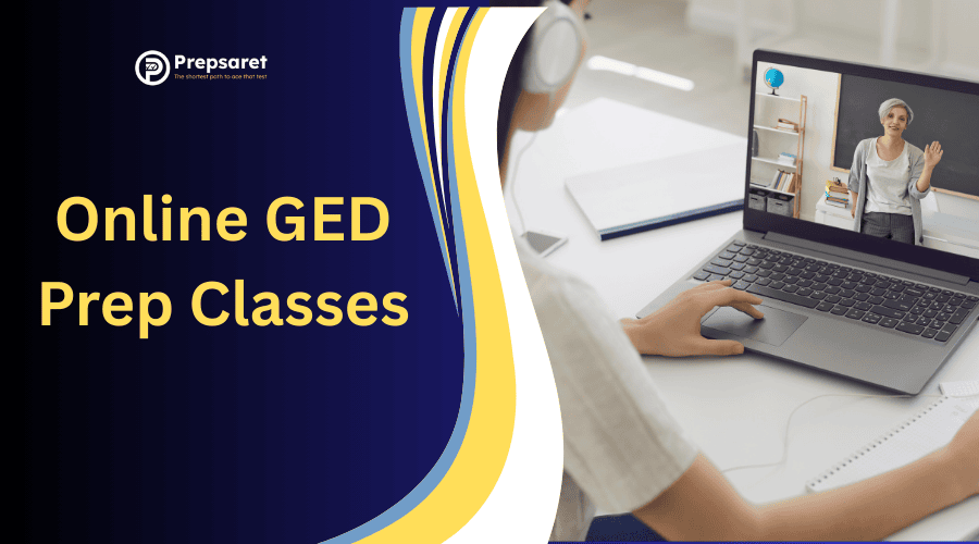 Student participating in an online GED test prep class on a laptop, with virtual lesson materials on the screen.