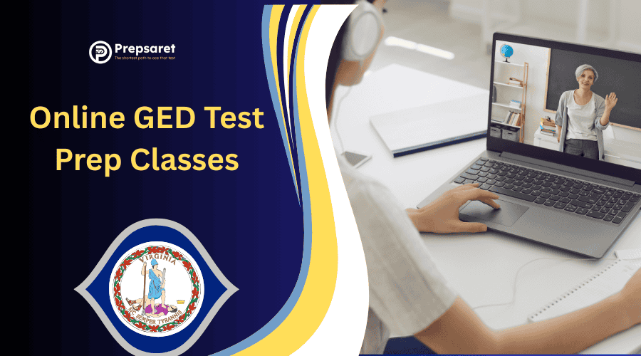 Student participating in an online GED test prep class on a laptop, with virtual lesson materials on the screen.