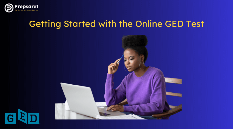 A person preparing for the online GED test on a laptop.