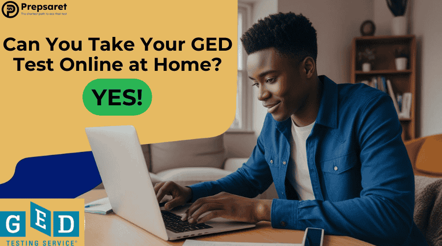 A student taking the GED test online from home on a laptop.