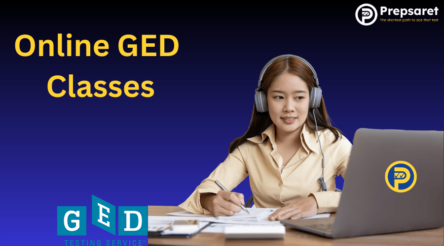 A student attending online GED classes on a computer.