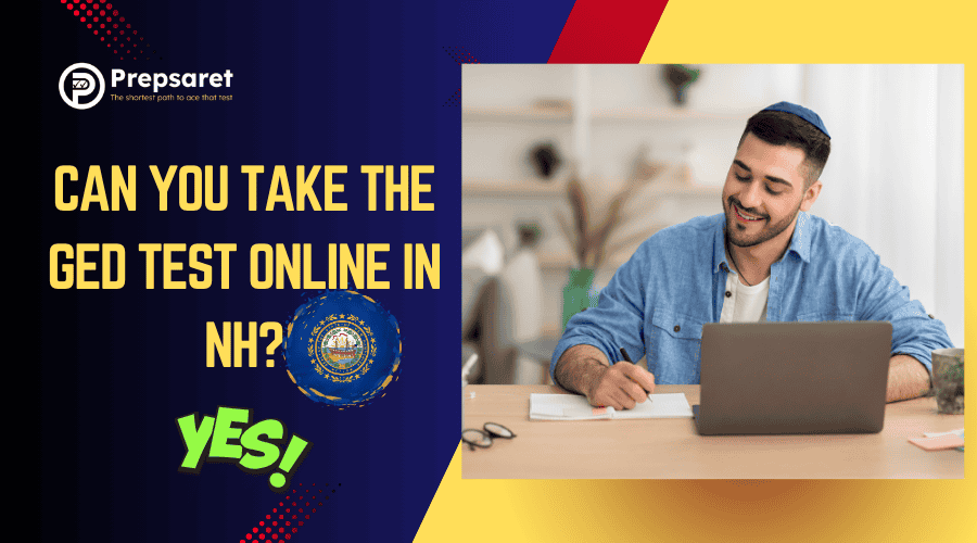 A student seated at a desk, taking the GED test online in New Hampshire, with a computer displaying the official GED testing interface.