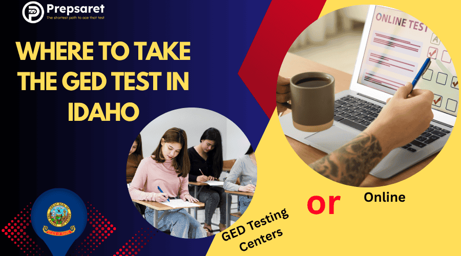 GED Testing Options in Idaho: students taking exam at a testing center and one student taking the exam at home online