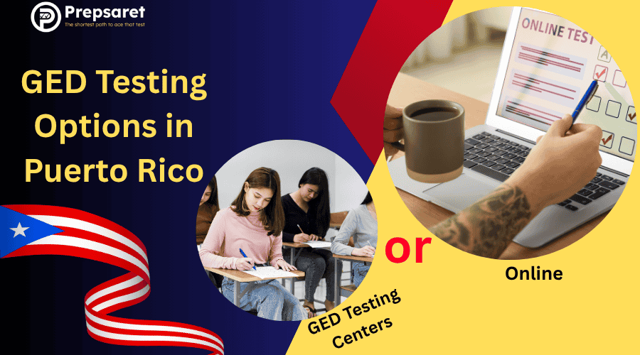 GED testing options in Puerto Rico: one student taking the test at a testing center and another taking the test online.