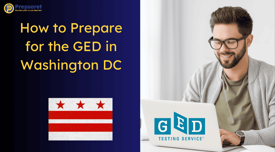 A student preparing for the GED test on a laptop