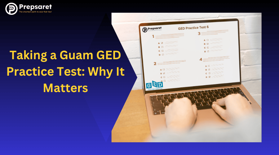 A student using a laptop to take a Guam GED practice test.