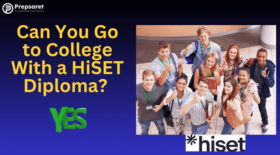 students holding a HiSET diploma with a college campus in the background, symbolizing college eligibility.