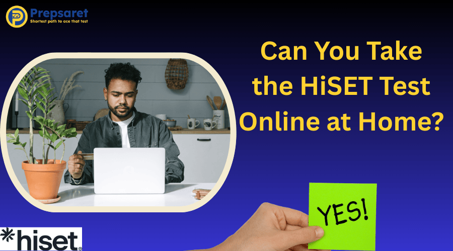 A student sitting at home while taking the HiSET exam online.