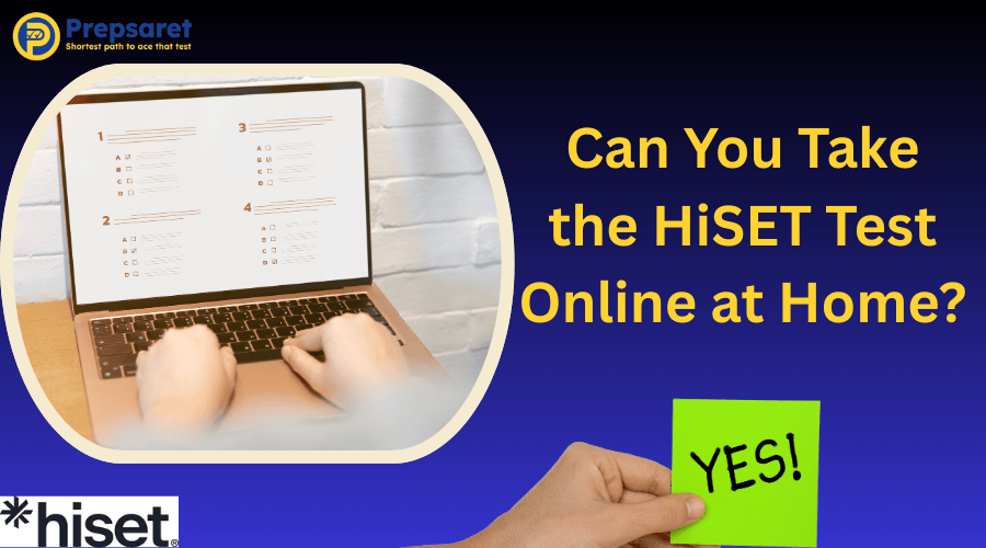 Candidate taking the HiSET test online at home, sitting at a desk with a laptop, webcam, and quiet study space.