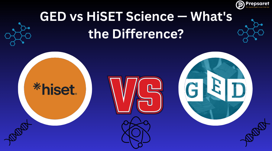 The HiSET logo versus the GED logo and science symbols