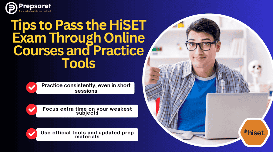 A person preparing for the HiSET exams on a laptop 