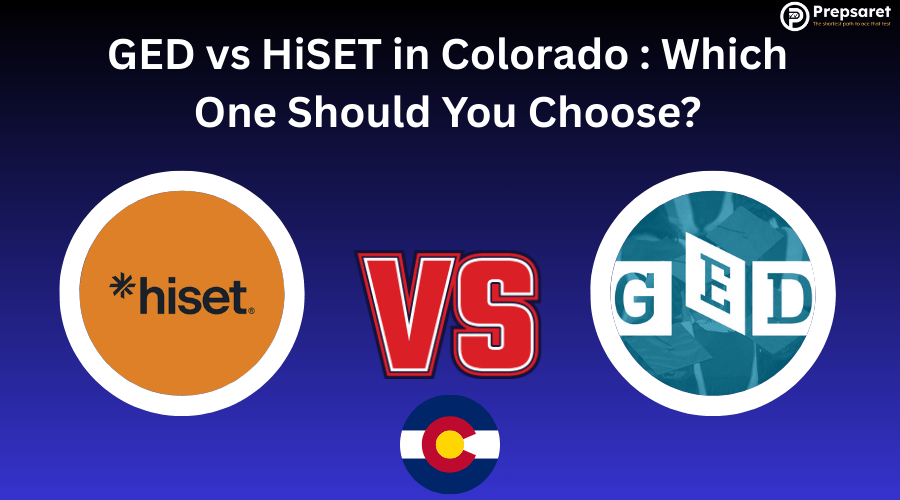 The HiSET logo versus the GED logo and the Colorado state seal