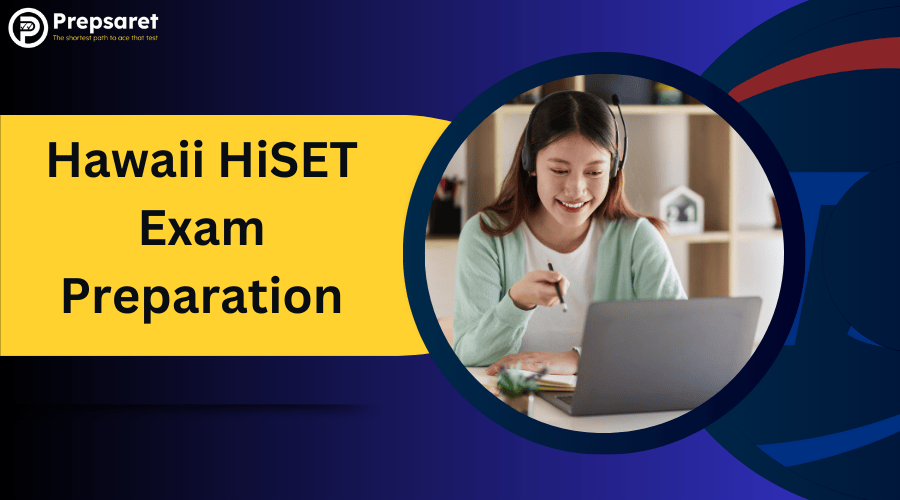 A person preparing for the HiSET exam on a laptop