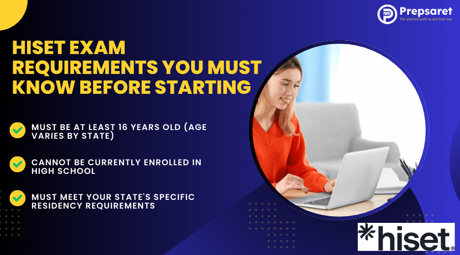 A person checking up the HiSET exam requirements on a laptop