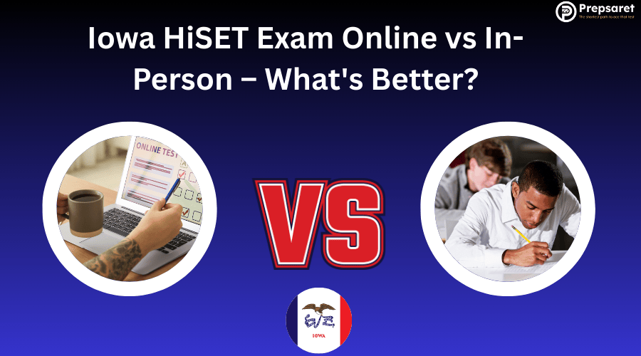 A person taking the HiSET exam online versus  a person taking it at a testing center